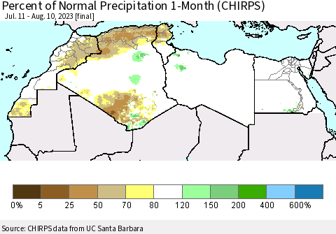 North Africa Percent of Normal Precipitation 1-Month (CHIRPS) Thematic Map For 7/11/2023 - 8/10/2023