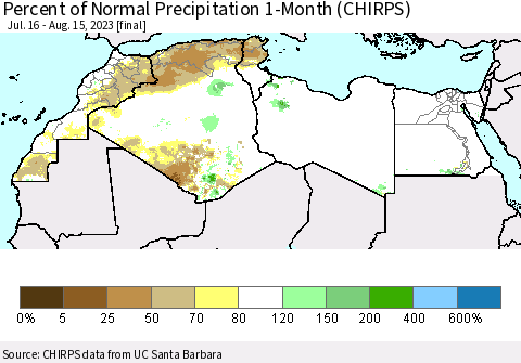 North Africa Percent of Normal Precipitation 1-Month (CHIRPS) Thematic Map For 7/16/2023 - 8/15/2023