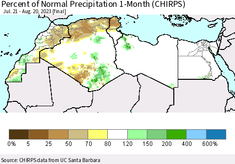 North Africa Percent of Normal Precipitation 1-Month (CHIRPS) Thematic Map For 7/21/2023 - 8/20/2023
