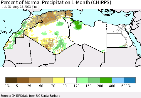 North Africa Percent of Normal Precipitation 1-Month (CHIRPS) Thematic Map For 7/26/2023 - 8/25/2023