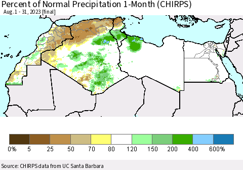 North Africa Percent of Normal Precipitation 1-Month (CHIRPS) Thematic Map For 8/1/2023 - 8/31/2023