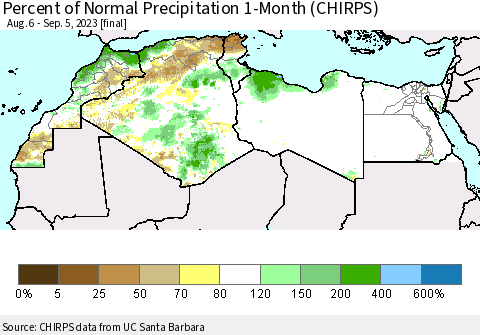 North Africa Percent of Normal Precipitation 1-Month (CHIRPS) Thematic Map For 8/6/2023 - 9/5/2023