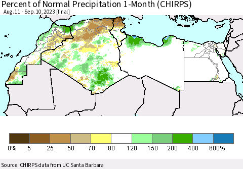 North Africa Percent of Normal Precipitation 1-Month (CHIRPS) Thematic Map For 8/11/2023 - 9/10/2023