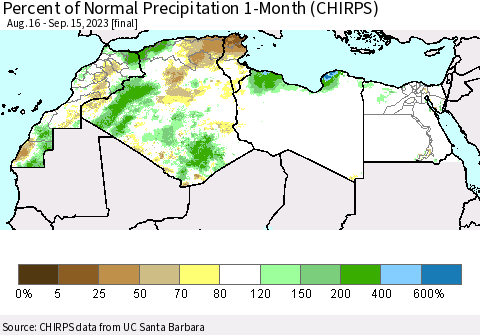 North Africa Percent of Normal Precipitation 1-Month (CHIRPS) Thematic Map For 8/16/2023 - 9/15/2023