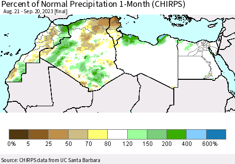 North Africa Percent of Normal Precipitation 1-Month (CHIRPS) Thematic Map For 8/21/2023 - 9/20/2023
