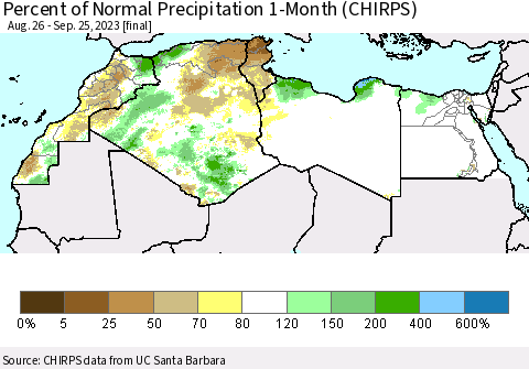 North Africa Percent of Normal Precipitation 1-Month (CHIRPS) Thematic Map For 8/26/2023 - 9/25/2023