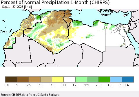 North Africa Percent of Normal Precipitation 1-Month (CHIRPS) Thematic Map For 9/1/2023 - 9/30/2023