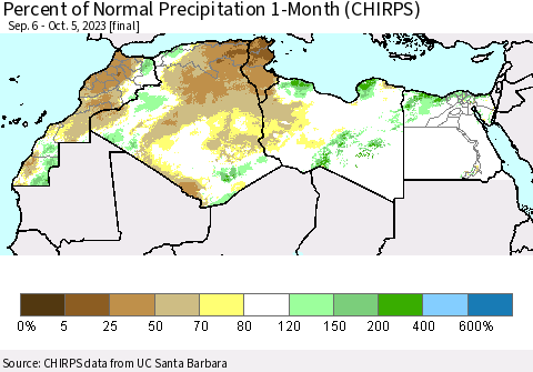 North Africa Percent of Normal Precipitation 1-Month (CHIRPS) Thematic Map For 9/6/2023 - 10/5/2023