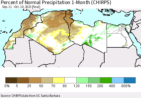 North Africa Percent of Normal Precipitation 1-Month (CHIRPS) Thematic Map For 9/11/2023 - 10/10/2023