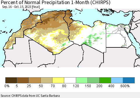North Africa Percent of Normal Precipitation 1-Month (CHIRPS) Thematic Map For 9/16/2023 - 10/15/2023