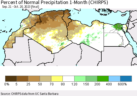 North Africa Percent of Normal Precipitation 1-Month (CHIRPS) Thematic Map For 9/21/2023 - 10/20/2023