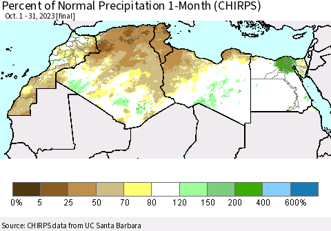 North Africa Percent of Normal Precipitation 1-Month (CHIRPS) Thematic Map For 10/1/2023 - 10/31/2023