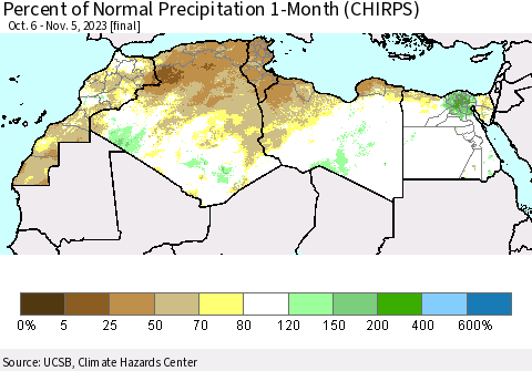North Africa Percent of Normal Precipitation 1-Month (CHIRPS) Thematic Map For 10/6/2023 - 11/5/2023