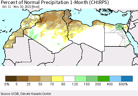 North Africa Percent of Normal Precipitation 1-Month (CHIRPS) Thematic Map For 10/11/2023 - 11/10/2023