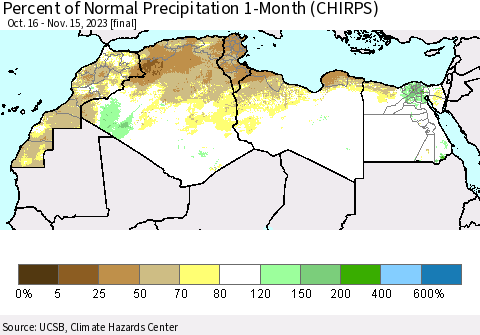 North Africa Percent of Normal Precipitation 1-Month (CHIRPS) Thematic Map For 10/16/2023 - 11/15/2023