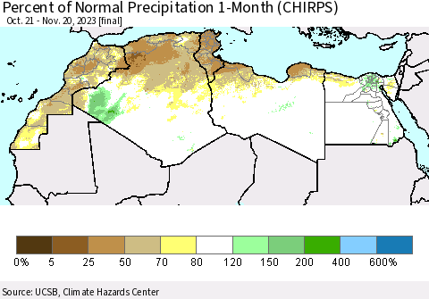 North Africa Percent of Normal Precipitation 1-Month (CHIRPS) Thematic Map For 10/21/2023 - 11/20/2023