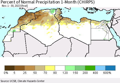 North Africa Percent of Normal Precipitation 1-Month (CHIRPS) Thematic Map For 11/1/2023 - 11/30/2023