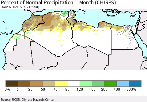 North Africa Percent of Normal Precipitation 1-Month (CHIRPS) Thematic Map For 11/6/2023 - 12/5/2023