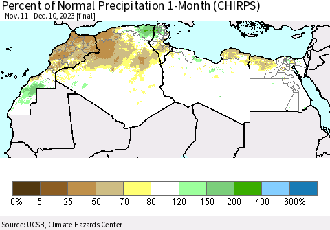 North Africa Percent of Normal Precipitation 1-Month (CHIRPS) Thematic Map For 11/11/2023 - 12/10/2023