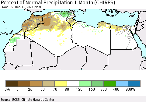 North Africa Percent of Normal Precipitation 1-Month (CHIRPS) Thematic Map For 11/16/2023 - 12/15/2023
