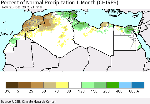 North Africa Percent of Normal Precipitation 1-Month (CHIRPS) Thematic Map For 11/21/2023 - 12/20/2023