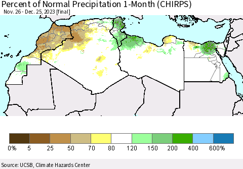 North Africa Percent of Normal Precipitation 1-Month (CHIRPS) Thematic Map For 11/26/2023 - 12/25/2023