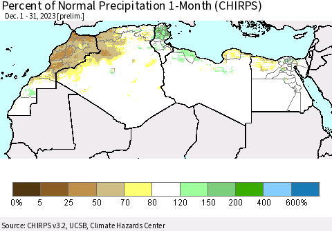 North Africa Percent of Normal Precipitation 1-Month (CHIRPS) Thematic Map For 12/1/2023 - 12/31/2023