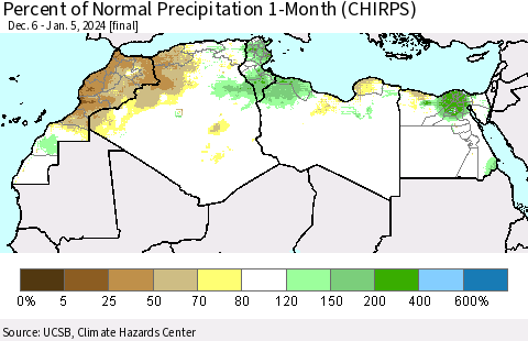 North Africa Percent of Normal Precipitation 1-Month (CHIRPS) Thematic Map For 12/6/2023 - 1/5/2024