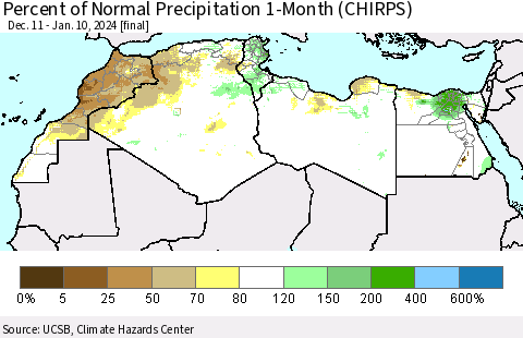 North Africa Percent of Normal Precipitation 1-Month (CHIRPS) Thematic Map For 12/11/2023 - 1/10/2024