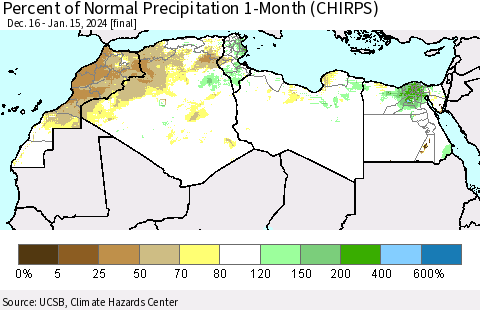 North Africa Percent of Normal Precipitation 1-Month (CHIRPS) Thematic Map For 12/16/2023 - 1/15/2024
