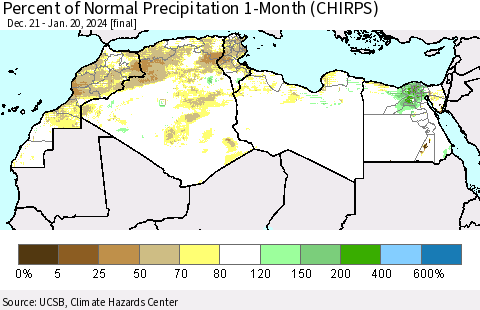 North Africa Percent of Normal Precipitation 1-Month (CHIRPS) Thematic Map For 12/21/2023 - 1/20/2024