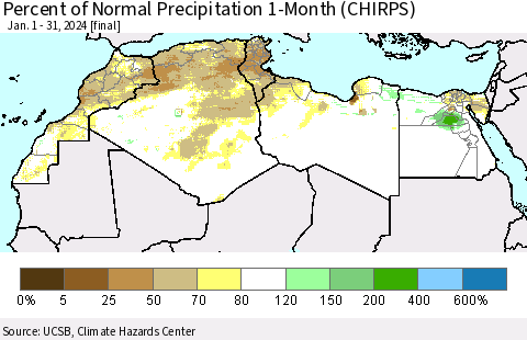 North Africa Percent of Normal Precipitation 1-Month (CHIRPS) Thematic Map For 1/1/2024 - 1/31/2024