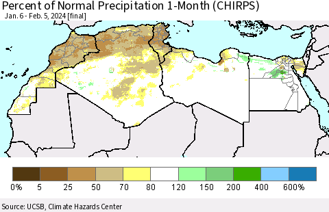North Africa Percent of Normal Precipitation 1-Month (CHIRPS) Thematic Map For 1/6/2024 - 2/5/2024