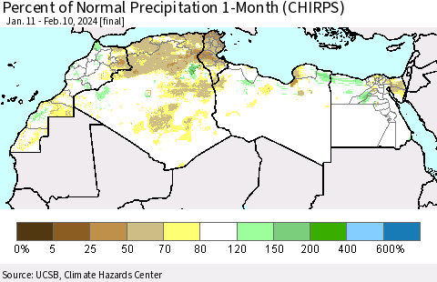 North Africa Percent of Normal Precipitation 1-Month (CHIRPS) Thematic Map For 1/11/2024 - 2/10/2024