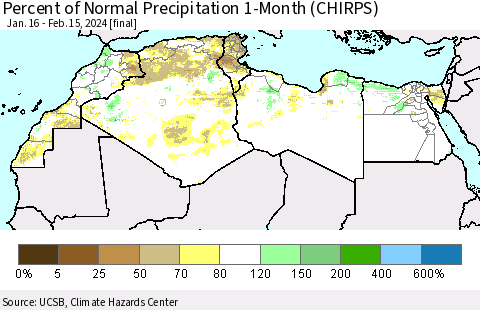 North Africa Percent of Normal Precipitation 1-Month (CHIRPS) Thematic Map For 1/16/2024 - 2/15/2024