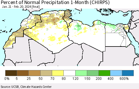 North Africa Percent of Normal Precipitation 1-Month (CHIRPS) Thematic Map For 1/21/2024 - 2/20/2024