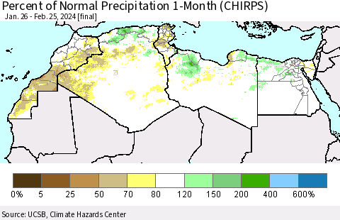 North Africa Percent of Normal Precipitation 1-Month (CHIRPS) Thematic Map For 1/26/2024 - 2/25/2024