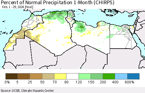 North Africa Percent of Normal Precipitation 1-Month (CHIRPS) Thematic Map For 2/1/2024 - 2/29/2024