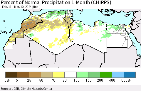 North Africa Percent of Normal Precipitation 1-Month (CHIRPS) Thematic Map For 2/11/2024 - 3/10/2024