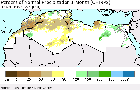 North Africa Percent of Normal Precipitation 1-Month (CHIRPS) Thematic Map For 2/21/2024 - 3/20/2024