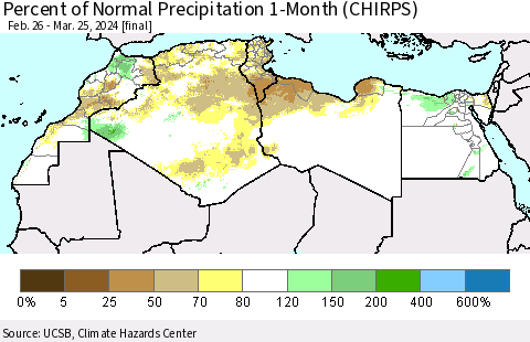 North Africa Percent of Normal Precipitation 1-Month (CHIRPS) Thematic Map For 2/26/2024 - 3/25/2024