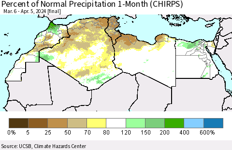 North Africa Percent of Normal Precipitation 1-Month (CHIRPS) Thematic Map For 3/6/2024 - 4/5/2024