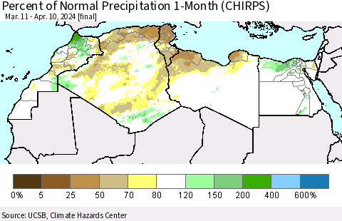 North Africa Percent of Normal Precipitation 1-Month (CHIRPS) Thematic Map For 3/11/2024 - 4/10/2024