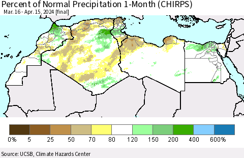 North Africa Percent of Normal Precipitation 1-Month (CHIRPS) Thematic Map For 3/16/2024 - 4/15/2024