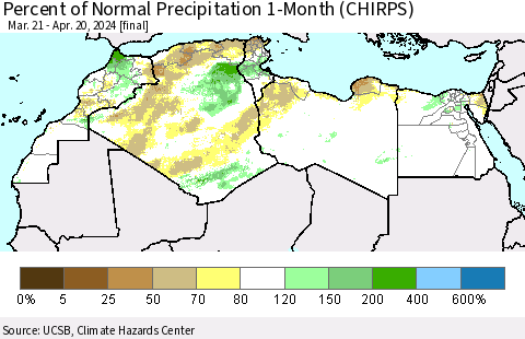 North Africa Percent of Normal Precipitation 1-Month (CHIRPS) Thematic Map For 3/21/2024 - 4/20/2024