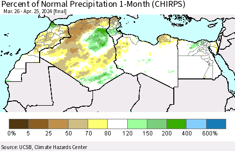 North Africa Percent of Normal Precipitation 1-Month (CHIRPS) Thematic Map For 3/26/2024 - 4/25/2024