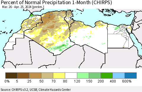 North Africa Percent of Normal Precipitation 1-Month (CHIRPS) Thematic Map For 3/26/2024 - 4/25/2024