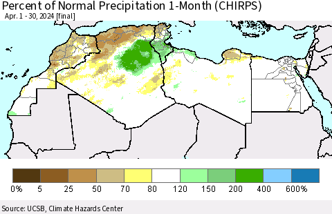 North Africa Percent of Normal Precipitation 1-Month (CHIRPS) Thematic Map For 4/1/2024 - 4/30/2024