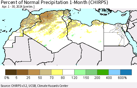 North Africa Percent of Normal Precipitation 1-Month (CHIRPS) Thematic Map For 4/1/2024 - 4/30/2024