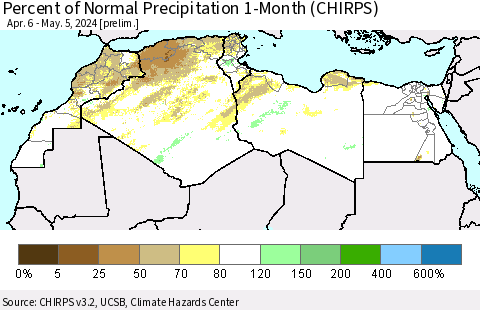 North Africa Percent of Normal Precipitation 1-Month (CHIRPS) Thematic Map For 4/6/2024 - 5/5/2024